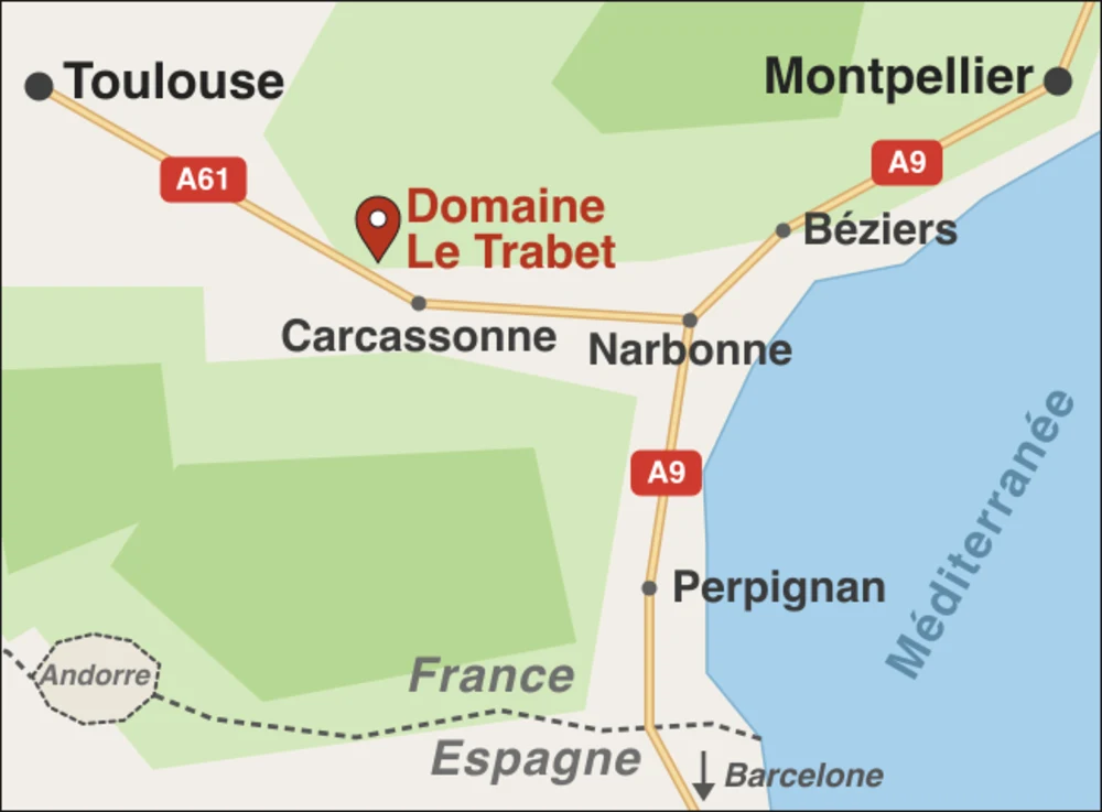 Location of Domaine Le Trabet near Carcassonne, southern France